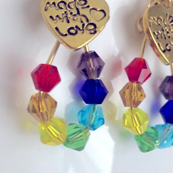 New Sparkling Crystal Glass Dangling Rainbow Made With Love Hoop Heart Earrings - Picture 3 of 4